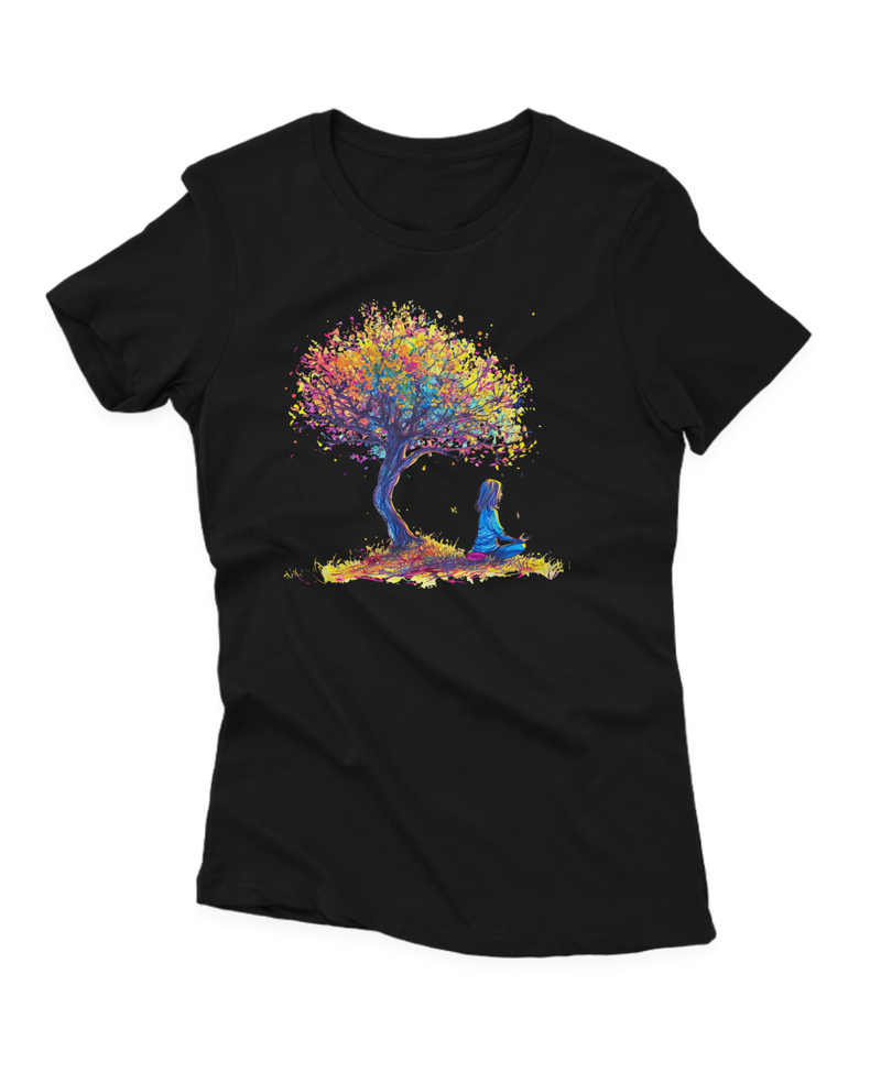 Camiseta Manga Curta Feminina Menina Meditando Arvore Colorida