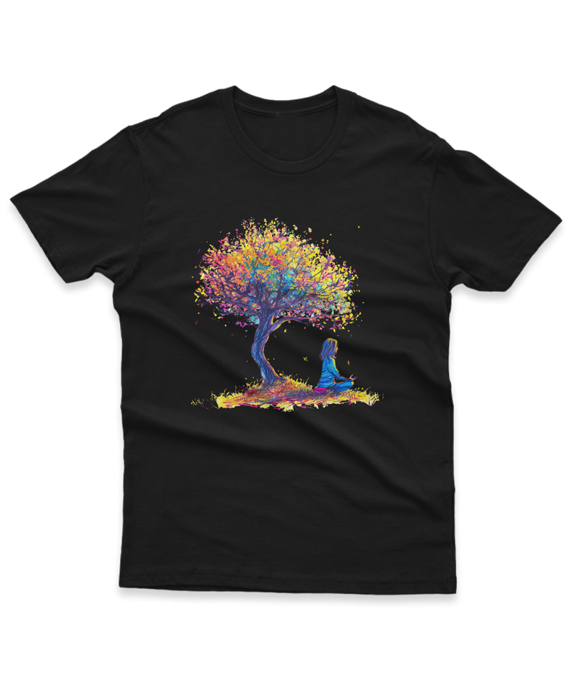 Camiseta Manga Curta Unisex Menina Meditando Arvore Colorida