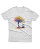 Camiseta Manga Curta Unisex Menina Meditando Arvore Colorida