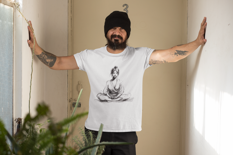 Camiseta Manga Curta Unisex Meditando Traçado Lápis