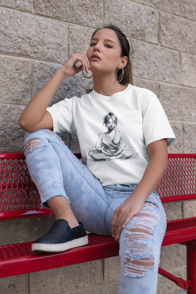 Camiseta Manga Curta Unisex Meditando Traçado Lápis