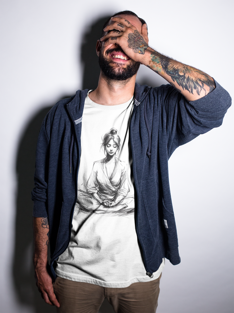 Camiseta Manga Curta Unisex Meditando Traçado Lápis