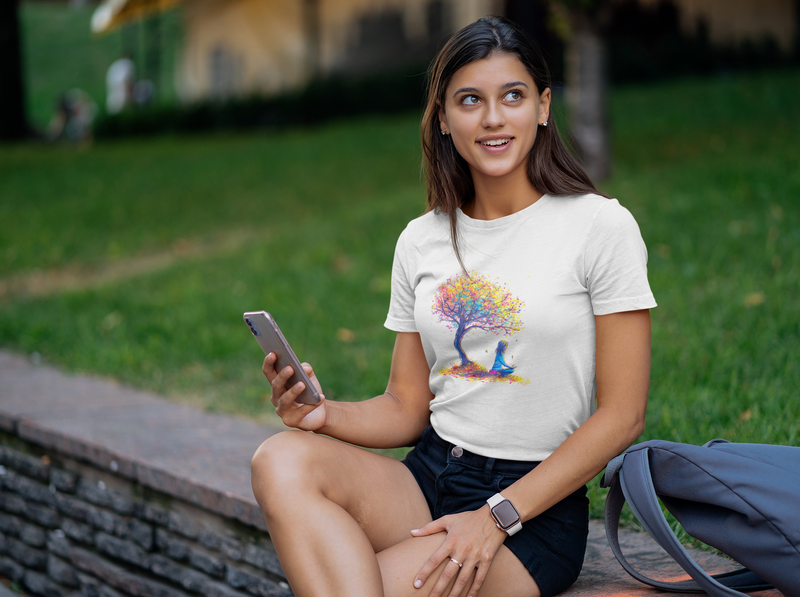 Camiseta Manga Curta Feminina Menina Meditando Arvore Colorida