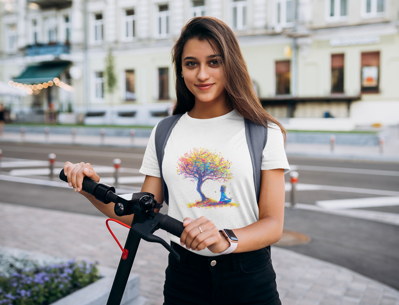 Camiseta Manga Curta Feminina Menina Meditando Arvore Colorida