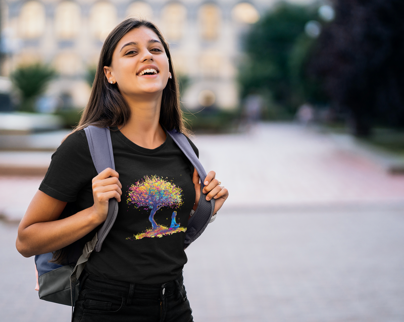 Camiseta Manga Curta Feminina Menina Meditando Arvore Colorida