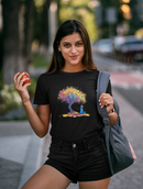 Camiseta Manga Curta Feminina Menina Meditando Arvore Colorida