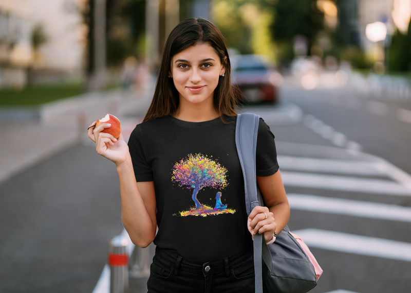 Camiseta Manga Curta Feminina Menina Meditando Arvore Colorida
