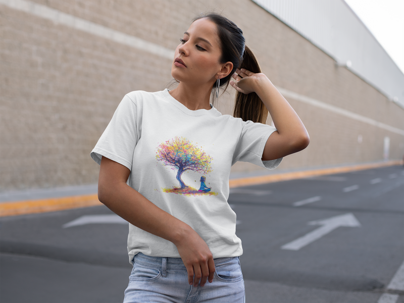Camiseta Manga Curta Unisex Menina Meditando Arvore Colorida