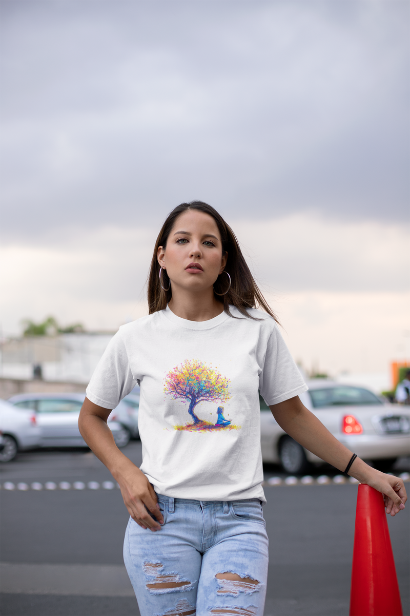 Camiseta Manga Curta Unisex Menina Meditando Arvore Colorida