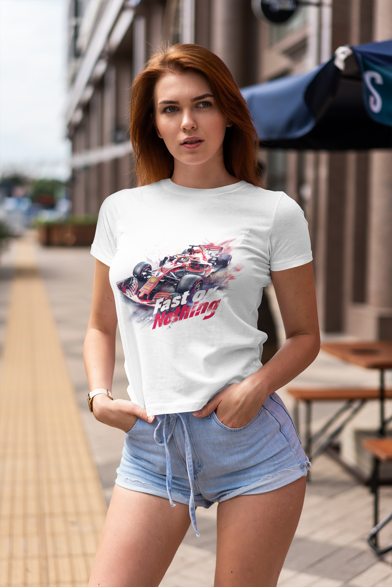 Camiseta Manga Curta Feminina Carro Corrida Estilo F1 Vermelho - Fast or Nothing
