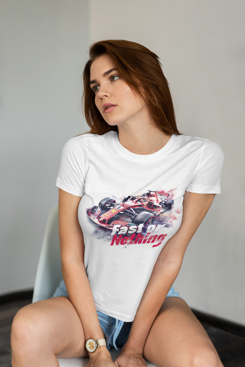 Camiseta Manga Curta Feminina Carro Corrida Estilo F1 Vermelho - Fast or Nothing