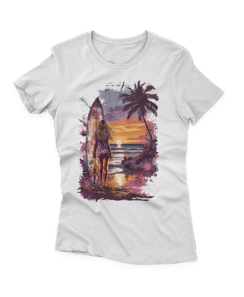 Camiseta Manga Curta Feminina Por do Sol Praia Surfista