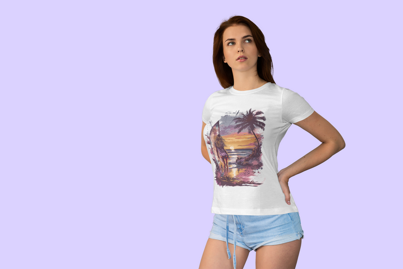 Camiseta Manga Curta Feminina Por do Sol Praia Surfista
