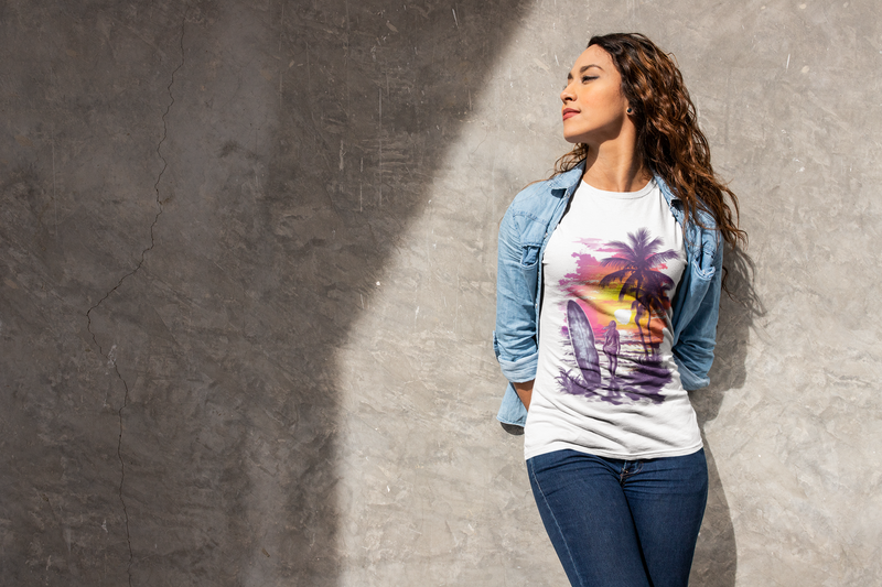Camiseta Manga Curta Feminina Por do Sol Praia Surfista 2