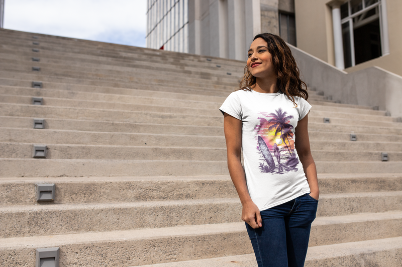 Camiseta Manga Curta Feminina Por do Sol Praia Surfista 2