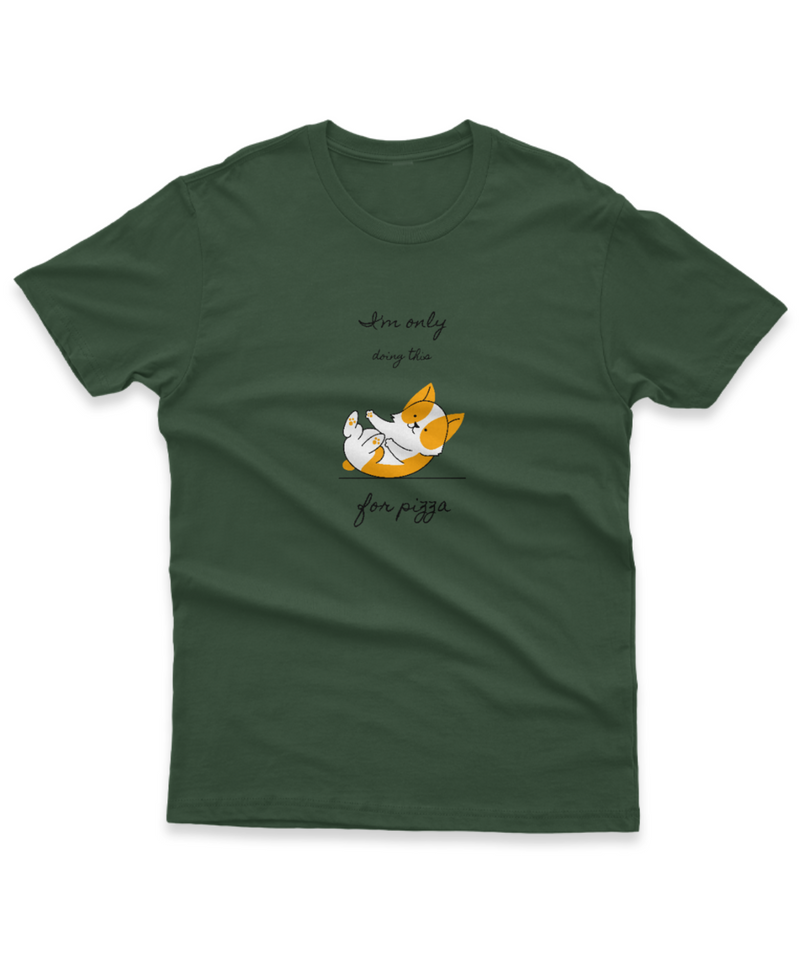 Camiseta Manga Curta Unisex Gato Doing this for Pizza