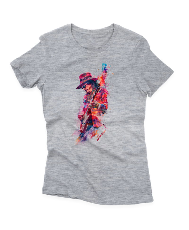Camiseta Manga Curta Feminina Santana com sua Guitarra