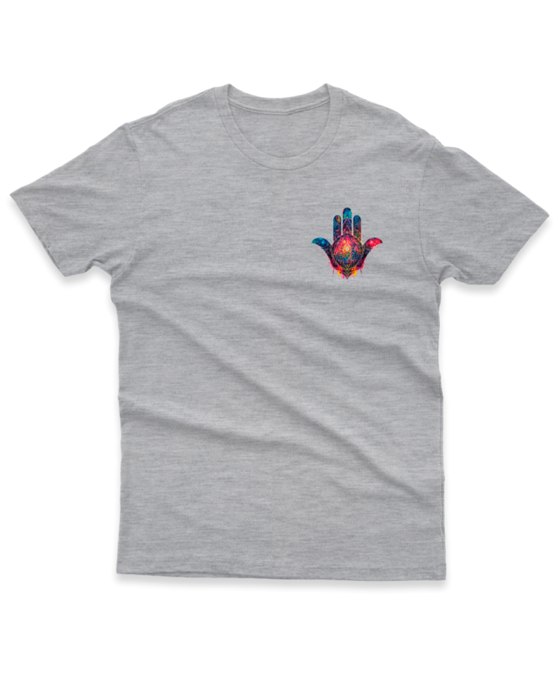 Camiseta Manga Curta Unisex Simbolo Hamsa Colorido Canto